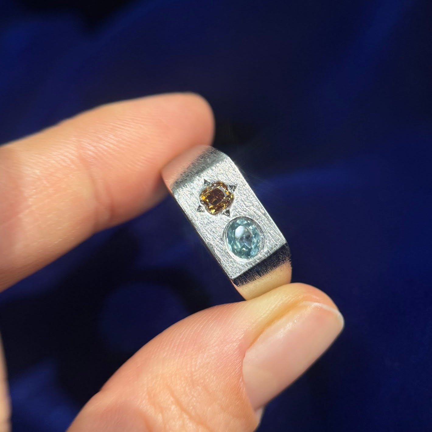 950 Platinum Brown Diamond and Blue Sapphire on Brushed Signet Custom Matching Rings