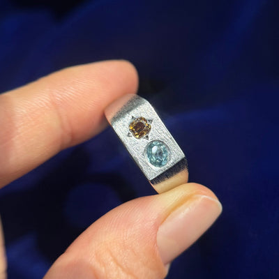 950 Platinum Brown Diamond and Blue Sapphire on Brushed Signet Custom Matching Rings