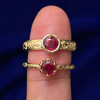 14k Yellow Gold 5mm Round Rubies on Engraved Leaves Band Custom Matching Rings