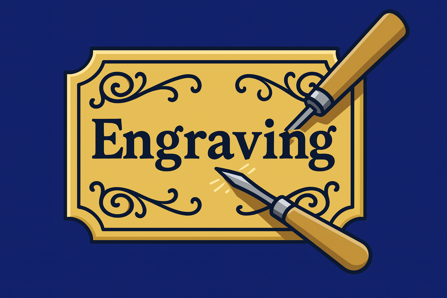 A graphic of a plate being engraved with the word engraving