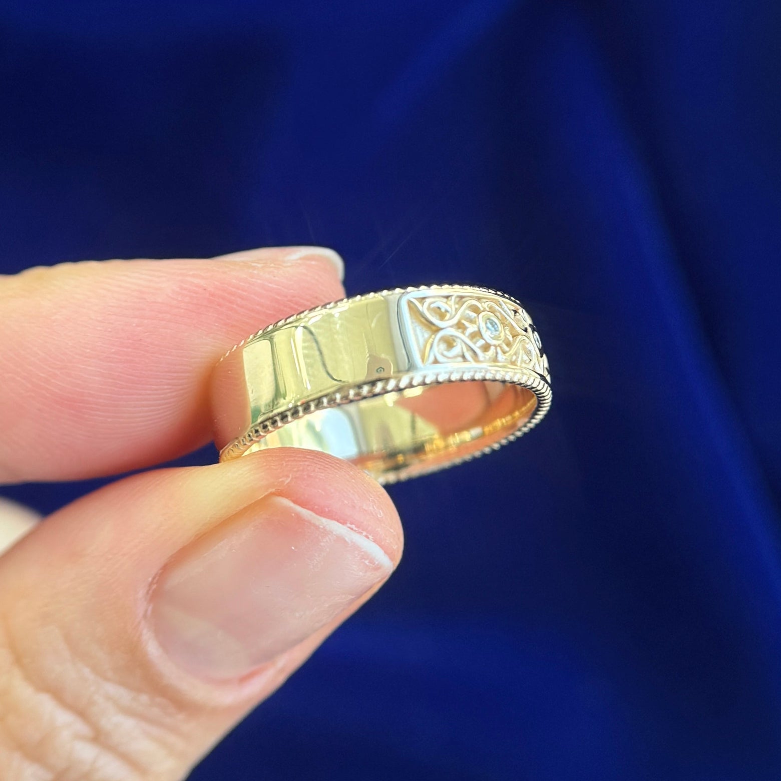 14k Yellow Gold with Bezel-set Small Round Lab Diamonds on Solid Filigree Band Half-way-around-the-band Custom Ring, size 8