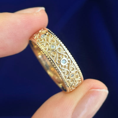 14k Yellow Gold with Bezel-set Small Round Lab Diamonds on Solid Filigree Band Half-way-around-the-band Custom Ring, size 8