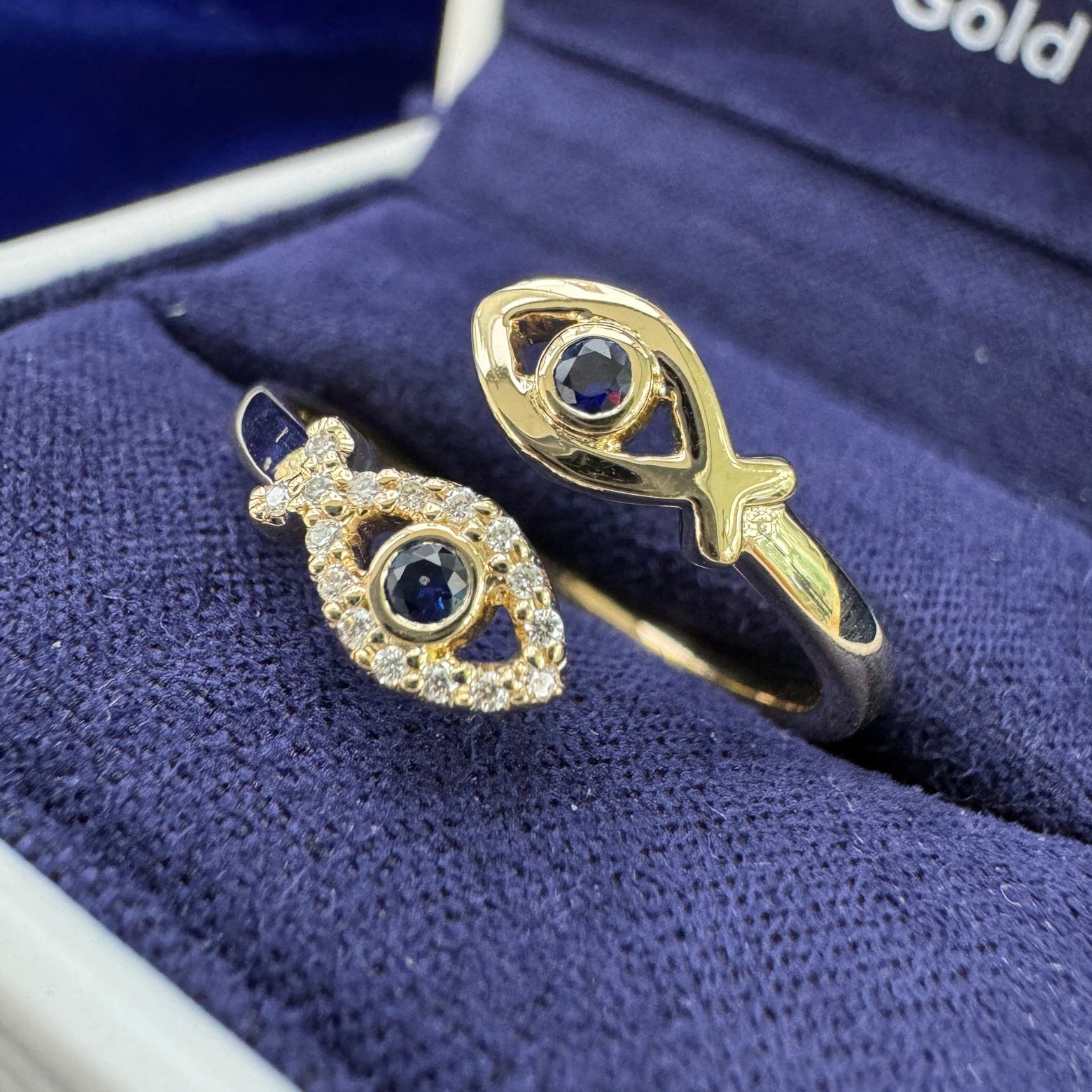 14k Yellow Gold and 2pc 2mm Blue Lab Sapphire and Pave Lab Diamonds Fish Open Ring, size 8
