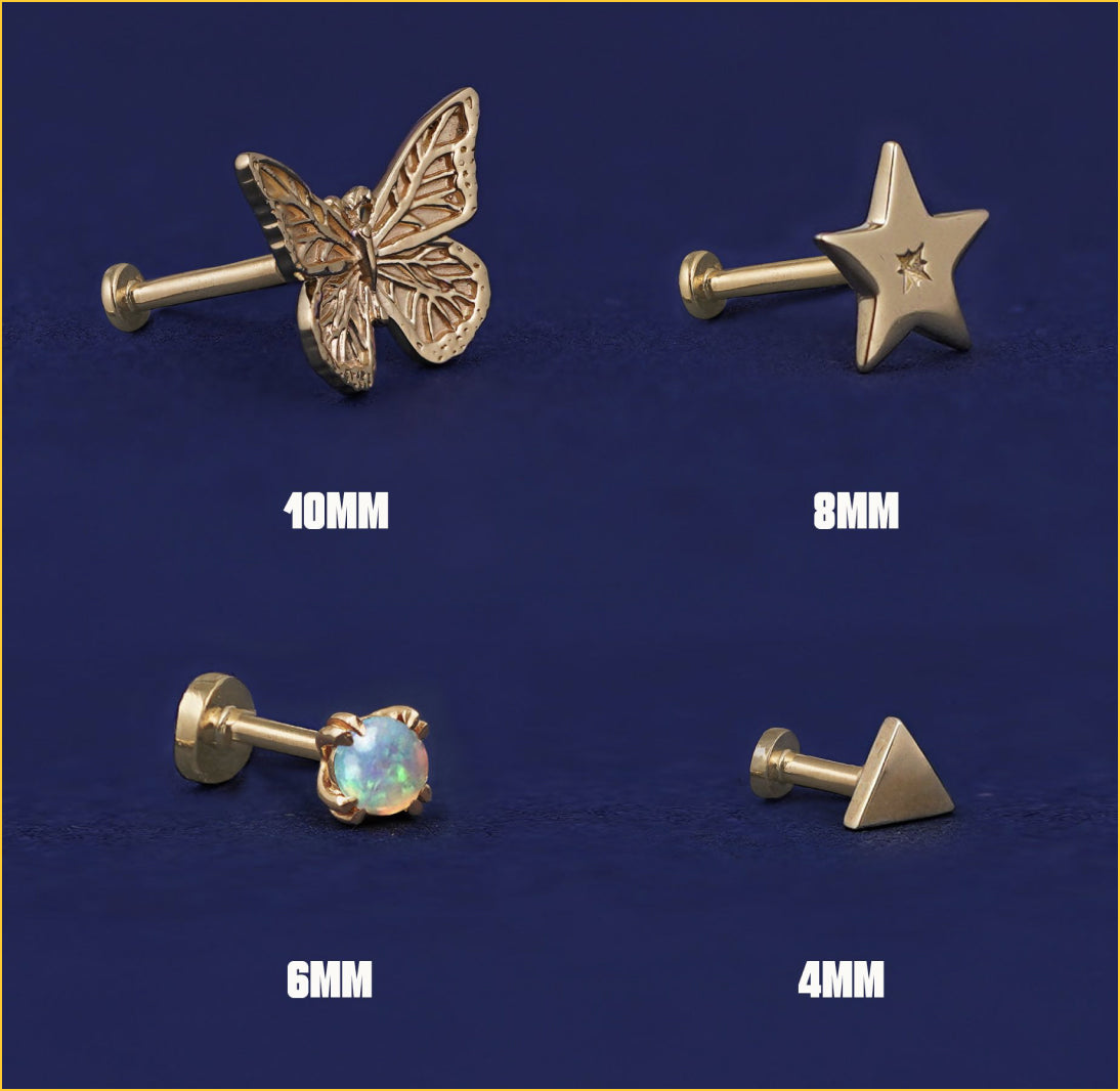 Snake, Star, Opal and Triangle Flatback Piercings shown in flatback options of 10mm, 8mm, 6mm and 4mm respectively