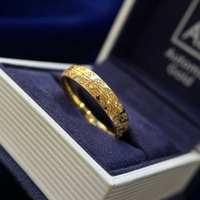 14k Yellow Gold Flowers and Leaves Nature Inspired Engraving on 5mm Industrial Matte Band Custom Ring, size 9.75