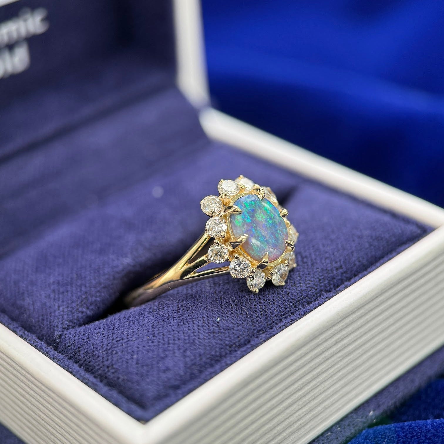 14k Yellow Gold 0.72ct 8x6.4mm Oval Australian Opal with Round Diamonds on 2mm Curvy Band Size 9.25