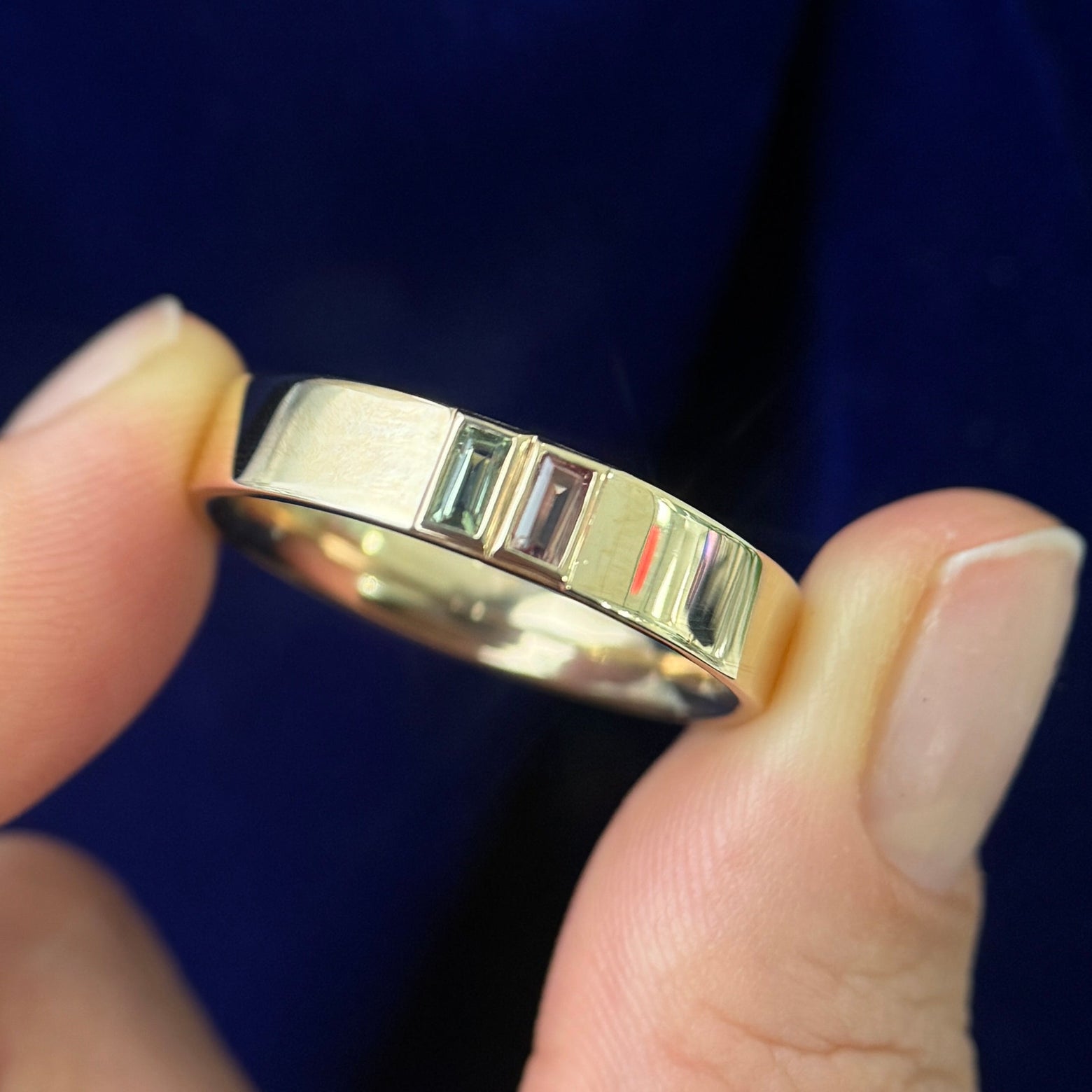 14k Champagne Gold & Bezel-set 4x2mm Forest Green and Orange Sapphires on 5mm Mix Mirror Band Custom Ring, size 12.25