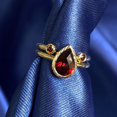 14k Yellow Gold and Rope Bezel set Pear Checkerboard Garnet Engagement with Open Garnet Wedding Band Custom Rings Set