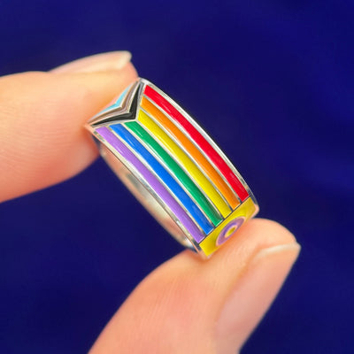 back of 925 Sterling Silver Progress Pride Flag Enamel All-around Custom Ring, size 6