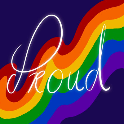 A digital gift card from Automic Gold with the word Proud in neon over a wavy rainbow