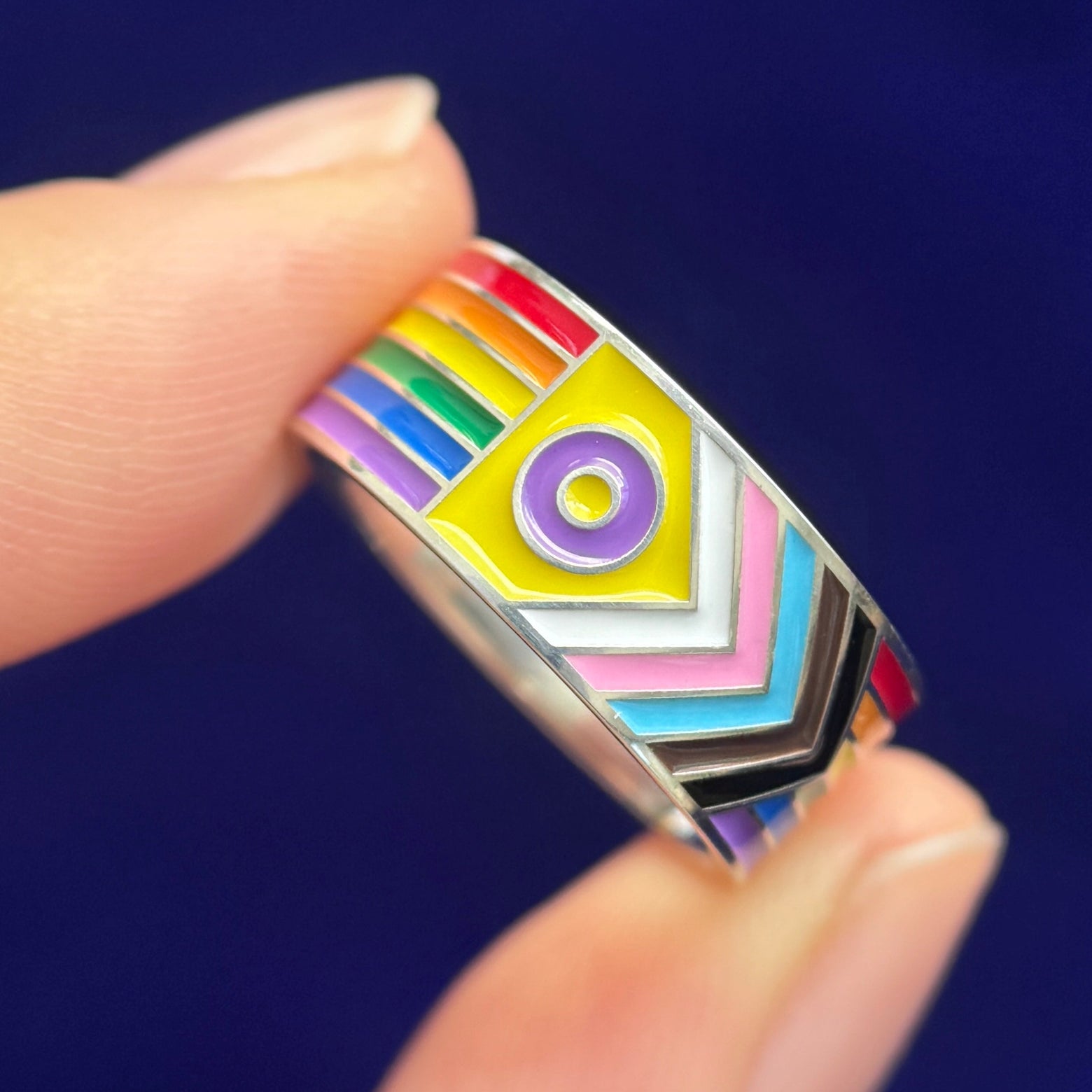 front of 925 Sterling Silver Progress Pride Flag Enamel All-around Custom Ring, size 6