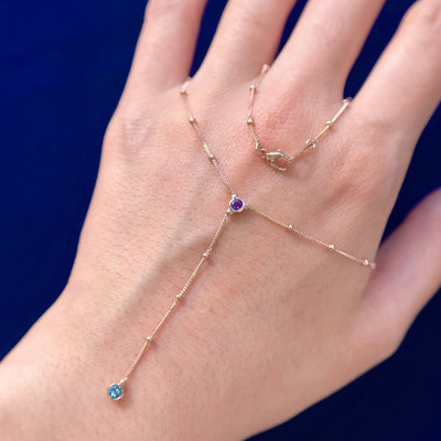 14k Rose Gold 18" Beaded Chain + Bezel-set 3mm Round Amethyst + 1.5" Beaded Chain + Bezel-set 3mm Round Aquamarine Custom Lariat Necklace