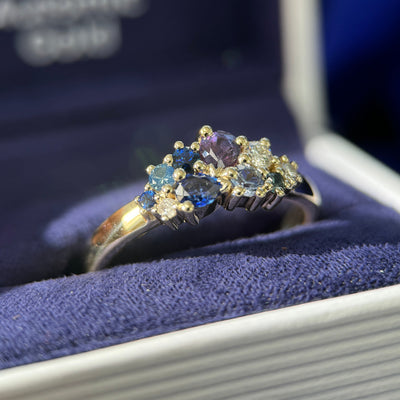 14k Champagne Gold & 0.87ct Round, Oval, Pear Blue/Purple Sapphires & 0.11ct Diamonds Custom Cluster Ring