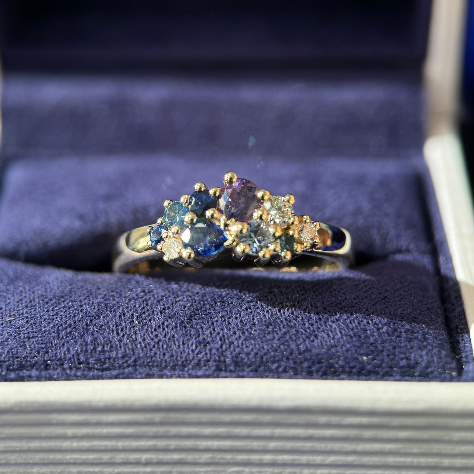 14k Champagne Gold & 0.87ct Round, Oval, Pear Blue/Purple Sapphires & 0.11ct Diamonds Custom Cluster Ring