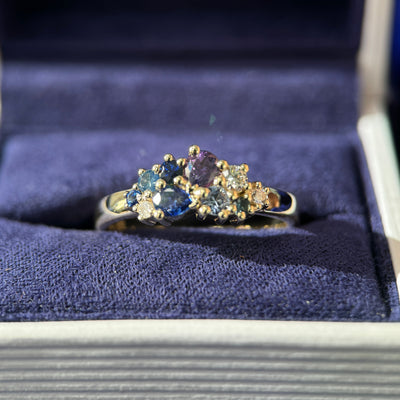 14k Champagne Gold & 0.87ct Round, Oval, Pear Blue/Purple Sapphires & 0.11ct Diamonds Custom Cluster Ring