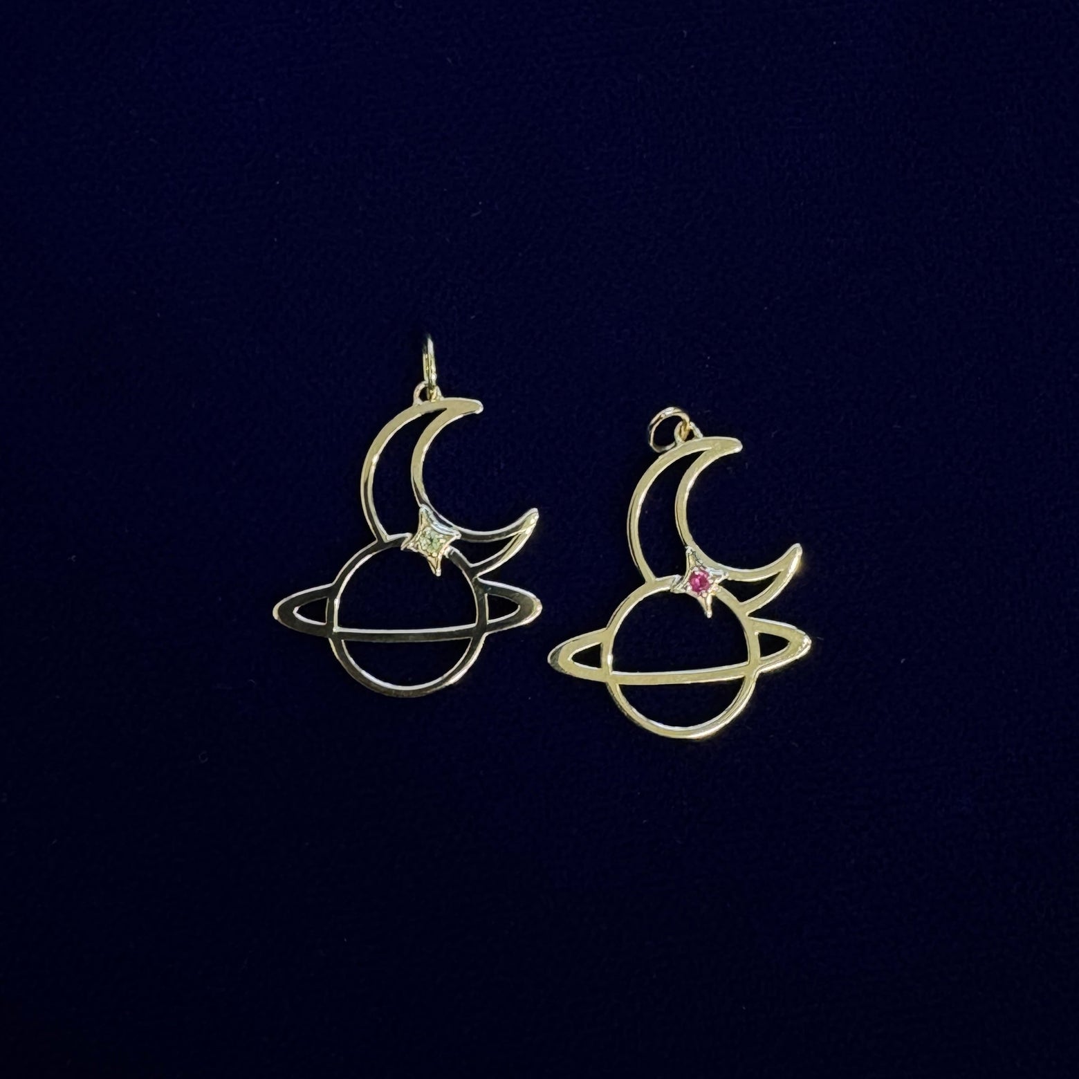 14k Yellow Gold and Prongs-set 1.5mm Ruby and Peridot on Cut-out Moon and Saturn 20mm tall Custom Charm Pendants, with soldered bails