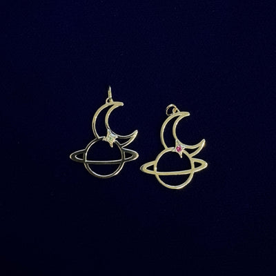 14k Yellow Gold and Prongs-set 1.5mm Ruby and Peridot on Cut-out Moon and Saturn 20mm tall Custom Charm Pendants, with soldered bails