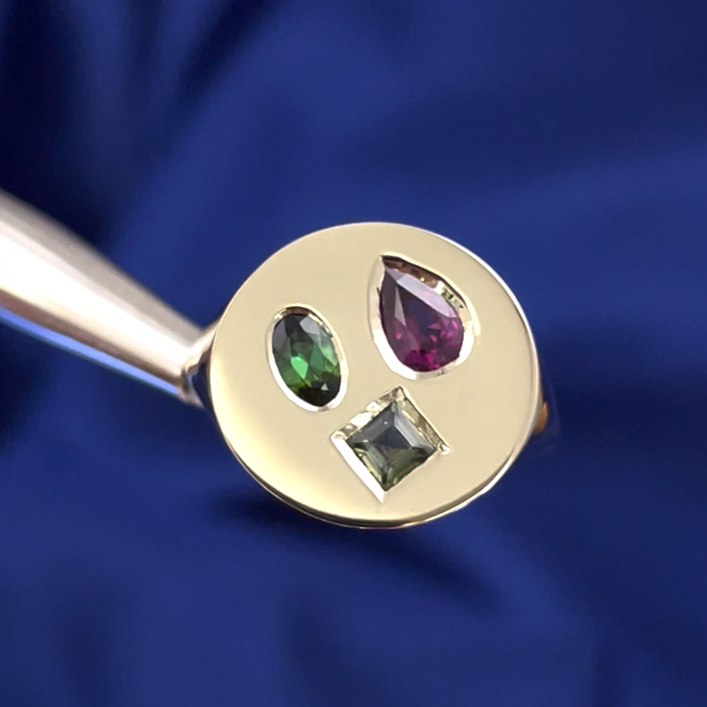 14k Yellow Gold Flush-set Gemstones on Round Signet Custom Ring