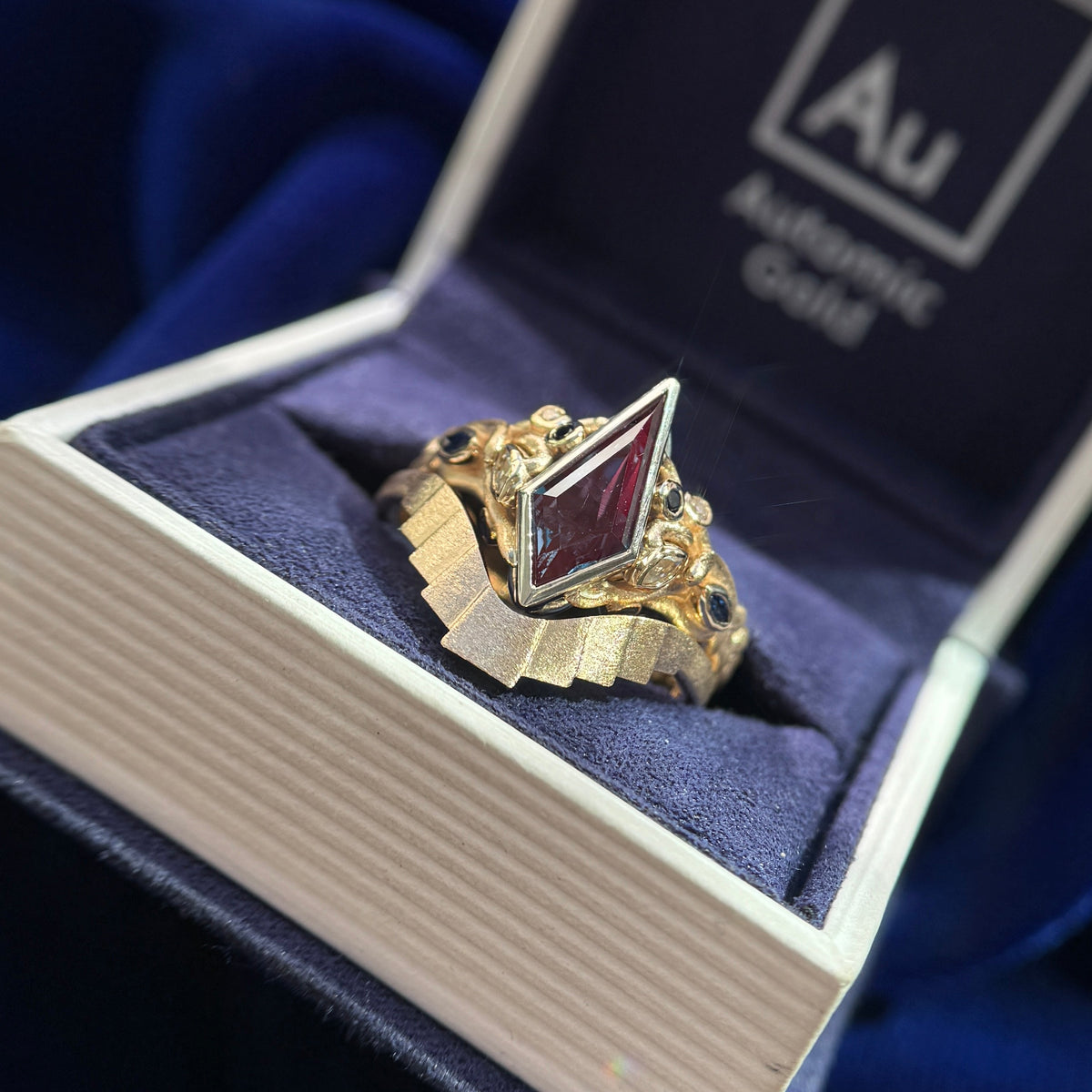 14k Yellow Gold and 950 Platinum with Lab Alexandrites Antler Inspired with Art Deco Band and Futuristic Inspired Custom Couple Rings Set, size 4 and 9