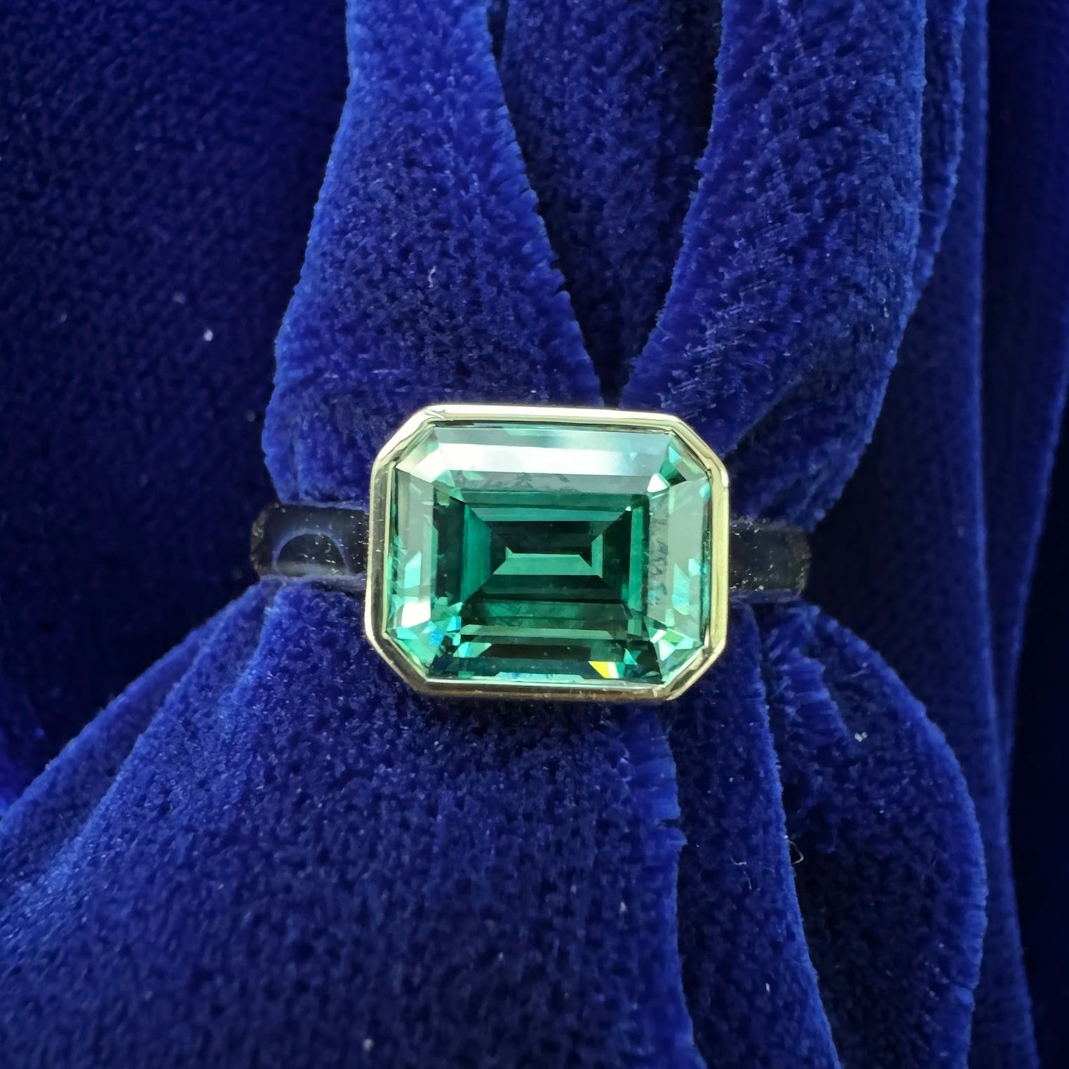 14k Yellow Gold Bezel Set Emerald Cut Green Moissanite on 3mm Band Custom Ring Size 7.5