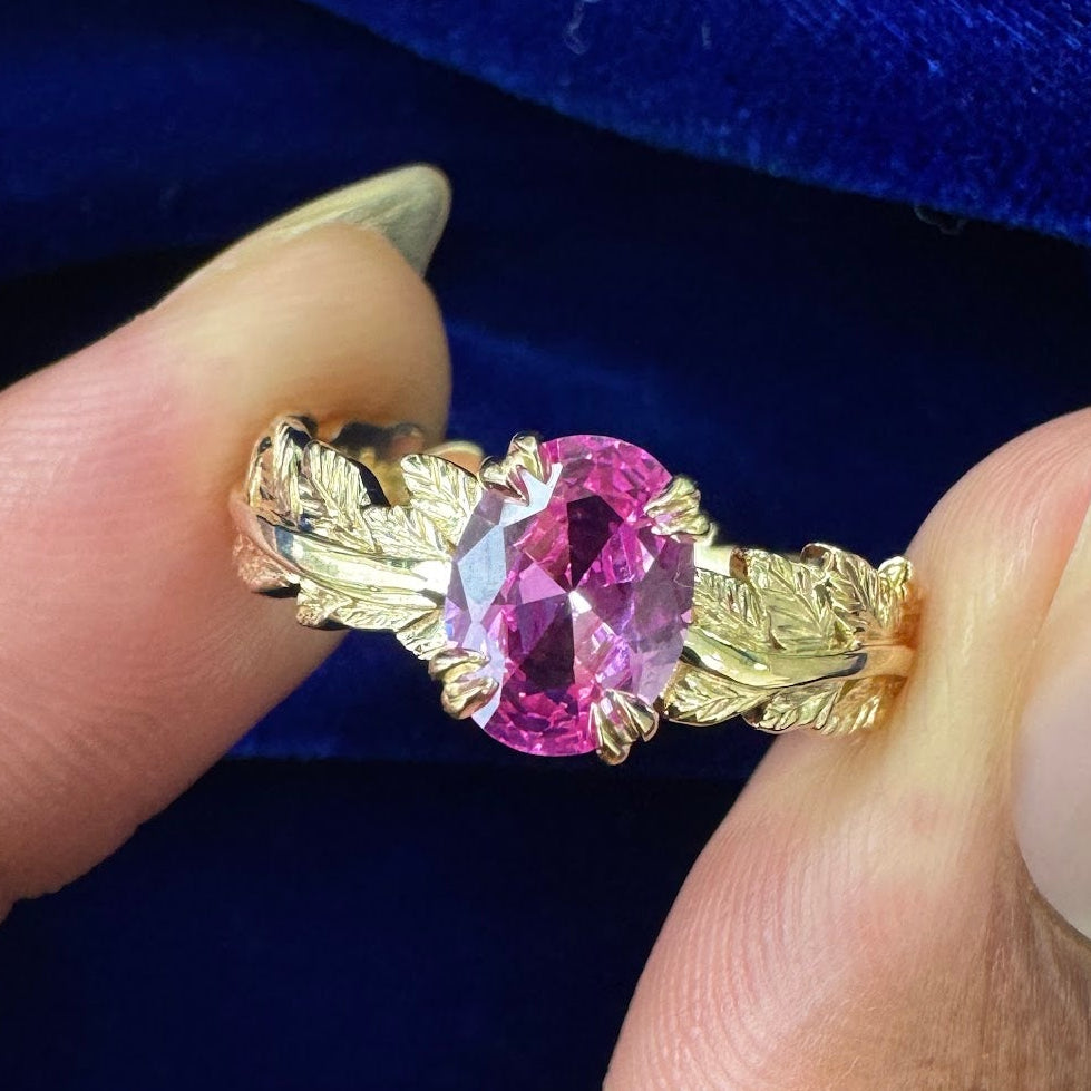14k Yellow Gold Double Claw Prongs Set 8x6mm Oval Lab Pink Sapphire on Leaves Band Custom Ring Size 8.75
