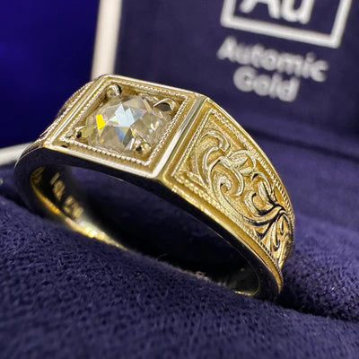 14k Champagne Gold Claw Prongs Set 5mm Rose Cut Round Moissanite in Square Signet on Tapered Filigree Band Custom Ring