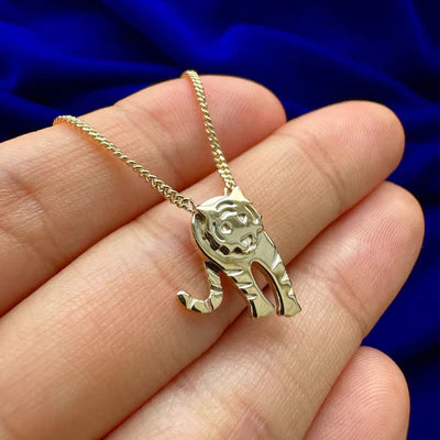 14k Yellow Gold 15mm Tall Tiger Pendant on 16 inch Wheat Chain Custom Necklace