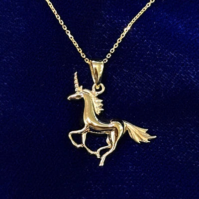 14k Yellow Gold 20mm Rearing Unicorn on 20 Inch Cable Chain Custom Necklace