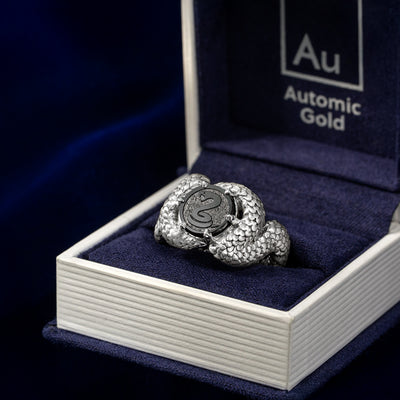 A silver snake ring with a black diamond center stone in an Automic Gold ring box