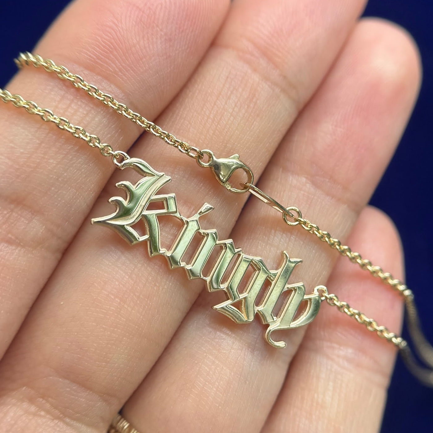 14k Yellow Gold 2.5g Kingly Nameplate in Old English on 3.2g 16 Inch Cable Chain Custom Necklace