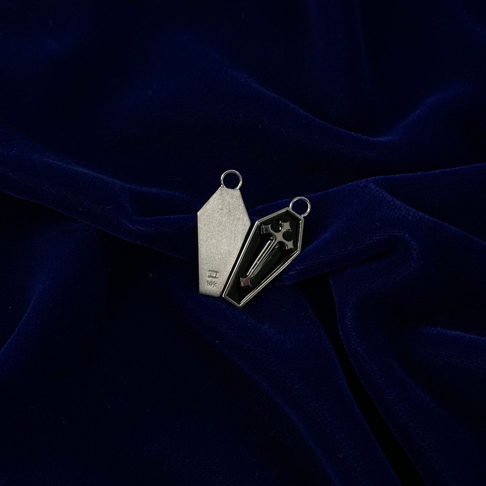 14k White Gold and Black Enamel 0.8 Inch Coffin with Cross Custom Earring with Charm and 3mm Bail