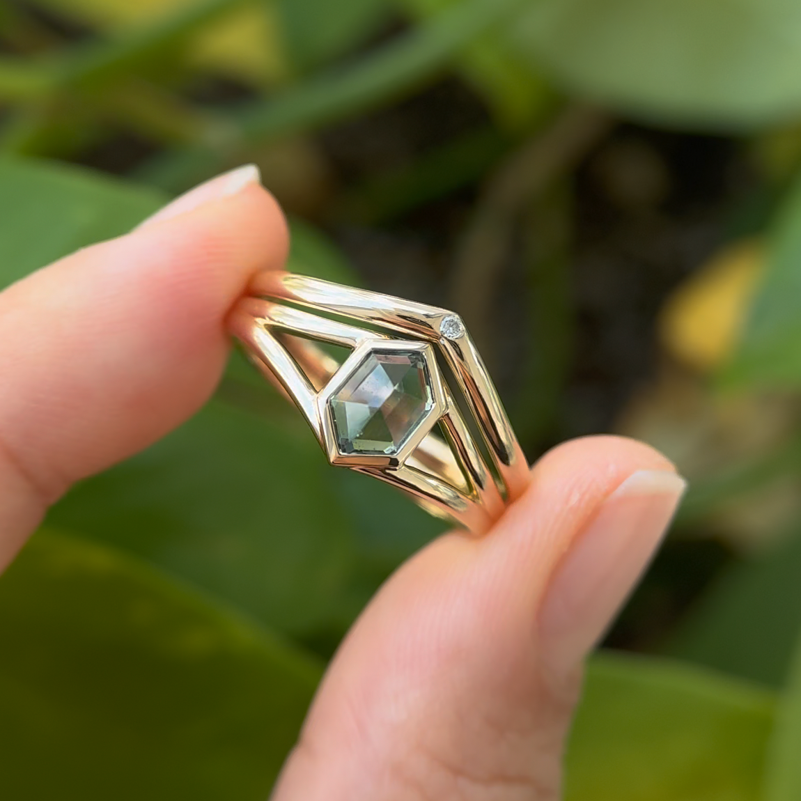 14k Yellow Gold and 2ct Custom-cut Hexagon Green Sapphire on Split Shank and Small Diamond Engagement and Wedding Custom Rings Set, size 10