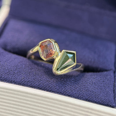 14k Yellow Gold and High-set 0.66ct Green Kite Diamond and 1.05ct Low-set Sapphire Two-stone Custom Ring, size 6.5