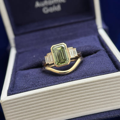 14k Yellow Gold Bezel-set 2.17ct Green Lab Diamond with 4pcs Baguette Lab Diamonds on 2mm Industrial Mirror Band Custom Ring and 14k yellow gold Band, Both Size 4.5