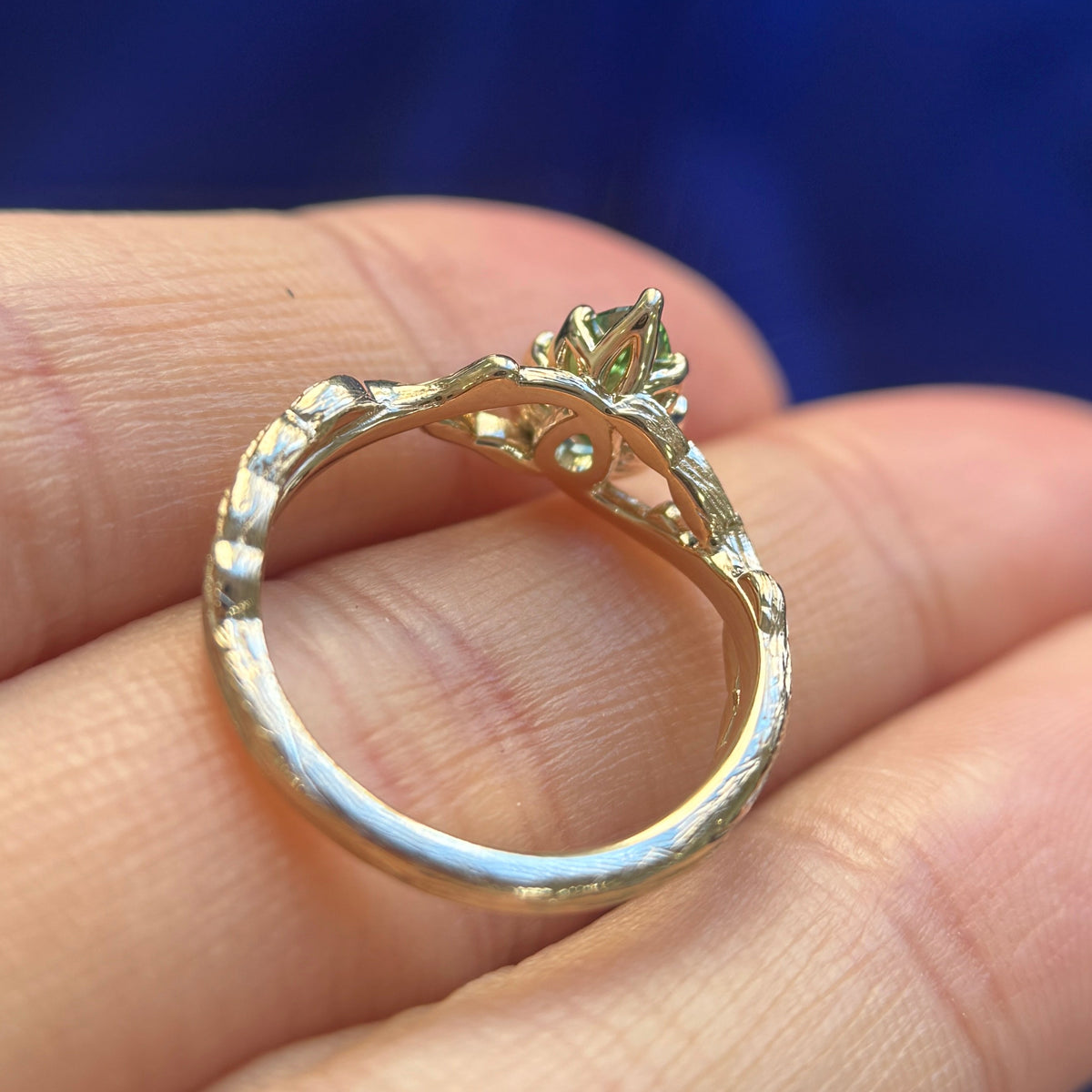 14k Yellow Gold with 1ct Green Pear Lab Diamond on Leaf and Branches Delicate Custom Ring and Matching Nesting Band, size 6