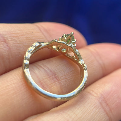 14k Yellow Gold with 1ct Green Pear Lab Diamond on Leaf and Branches Delicate Custom Ring and Matching Nesting Band, size 6