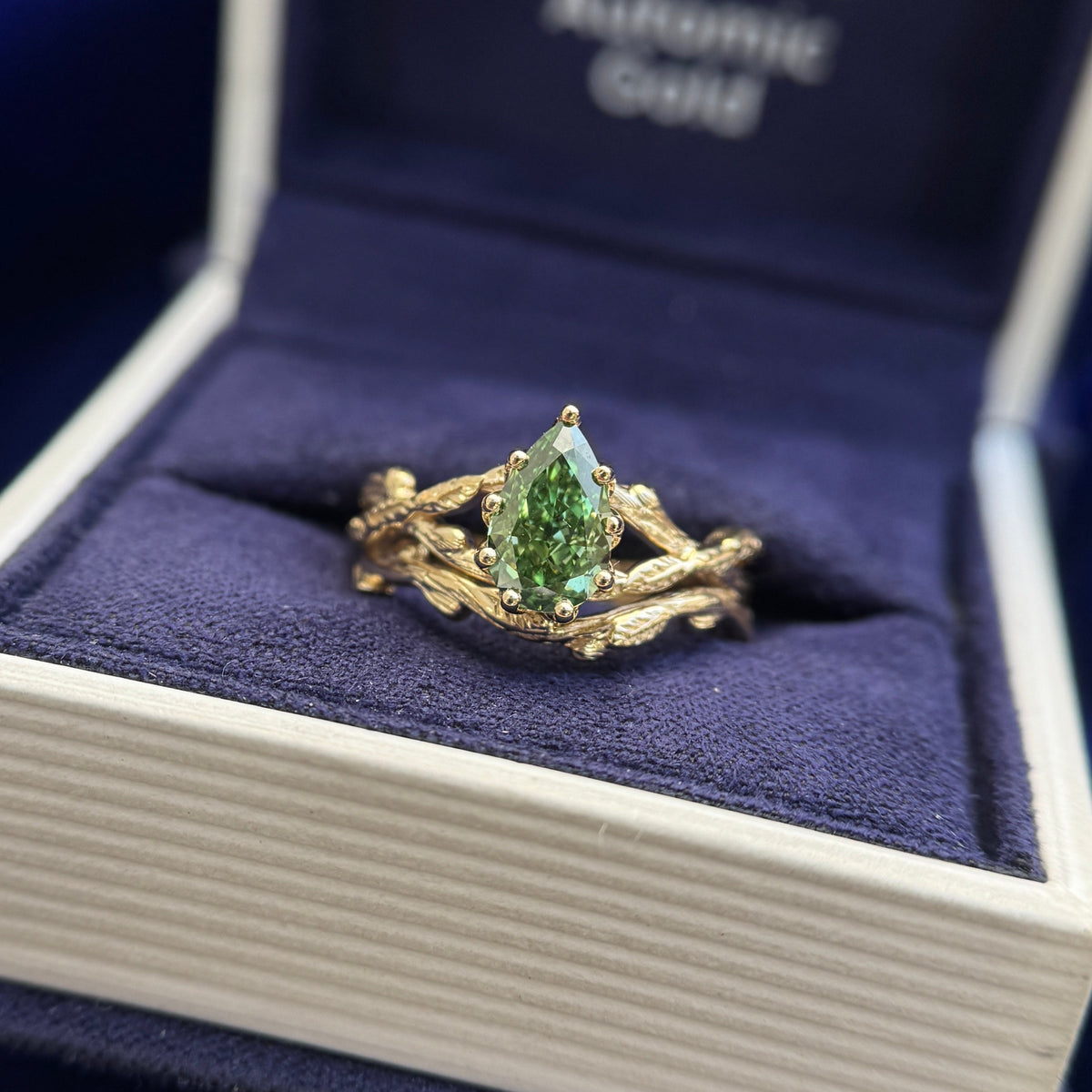 14k Yellow Gold with 1ct Green Pear Lab Diamond on Leaf and Branches Delicate Custom Ring and Matching Nesting Band, size 6