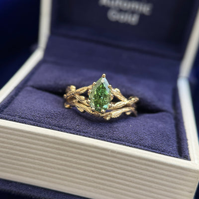 14k Yellow Gold with 1ct Green Pear Lab Diamond on Leaf and Branches Delicate Custom Ring and Matching Nesting Band, size 6