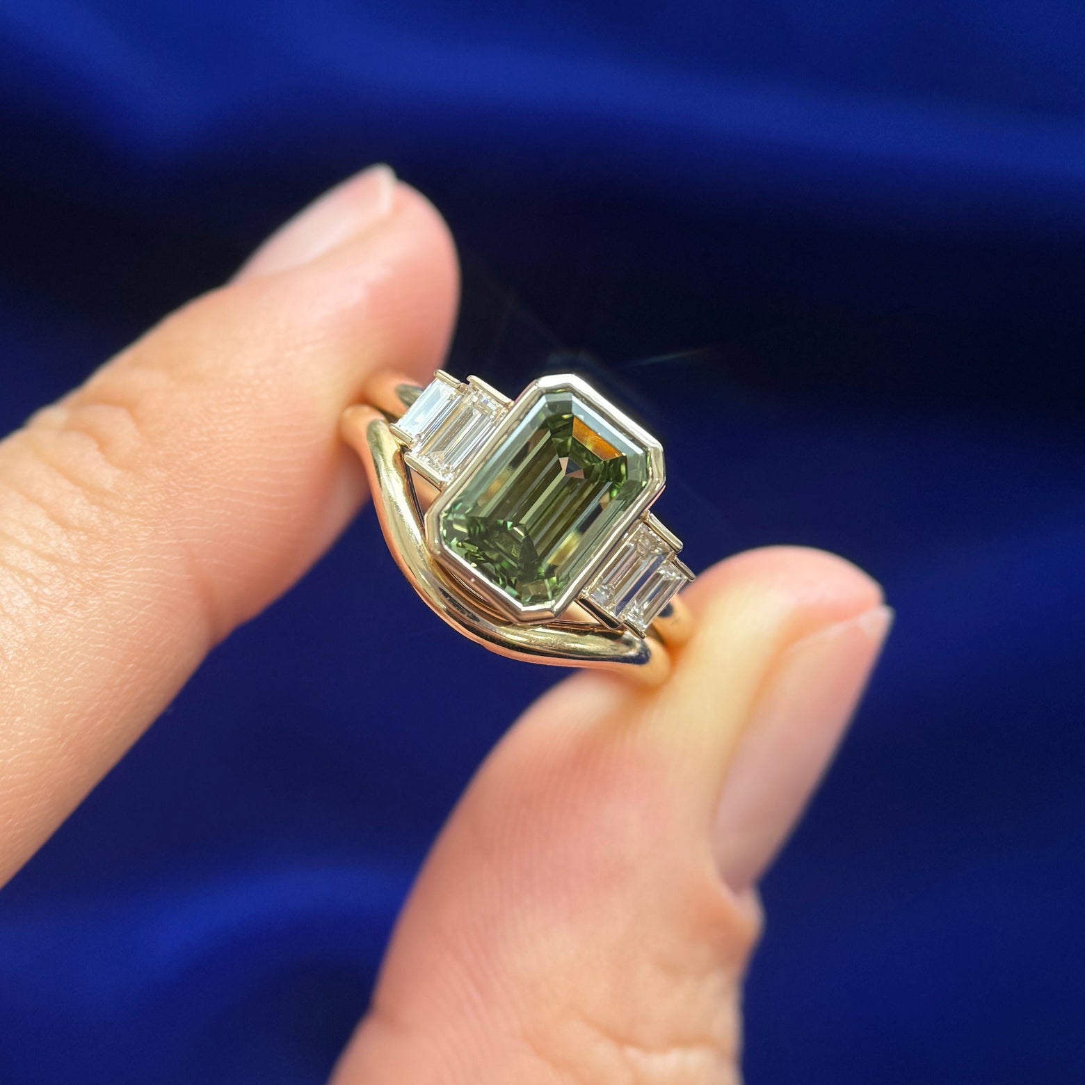 14k Yellow Gold Bezel-set 2.17ct Green Lab Diamond with 4pcs Baguette Lab Diamonds on 2mm Industrial Mirror Band Custom Ring and 14k yellow gold Band, Both Size 4.5