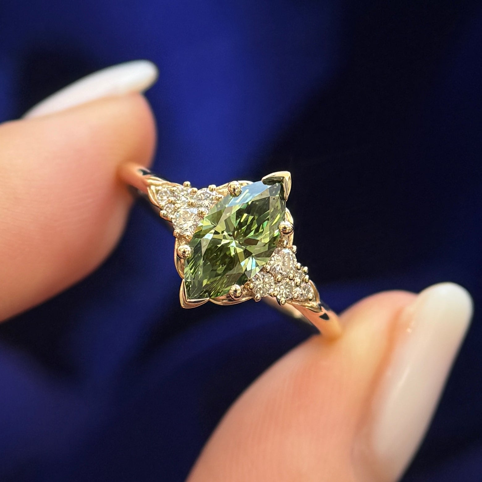 14k Yellow Gold and 1.2ct Green Marquise Lab Diamond with Small Lab Diamonds on 1.7mm Curvy Mirror Band Custom Ring, size 7