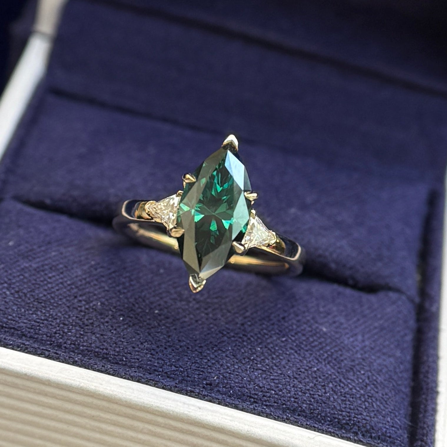 14k Yellow Gold and 12x6mm Dark Green Marquise Moissanite with White Trillion Moissanites on 2mm Mix Mirror Band Custom Ring, Size 4