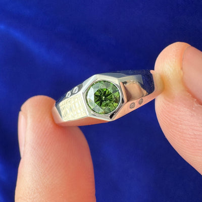 950 Platinum and Flush-hexagon-set 5mm Green Round Diamond on Chunky Signet with 4 flush-set Tiny Clear Diamonds Custom Ring, size 6.5