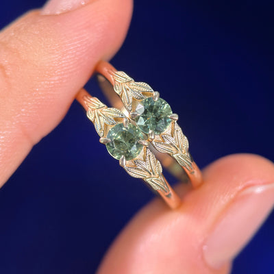 14k Yellow Gold Claw Prongs-set 5mm Green Sapphire Custom Leaves Ring, Size 7.5 and 8.5