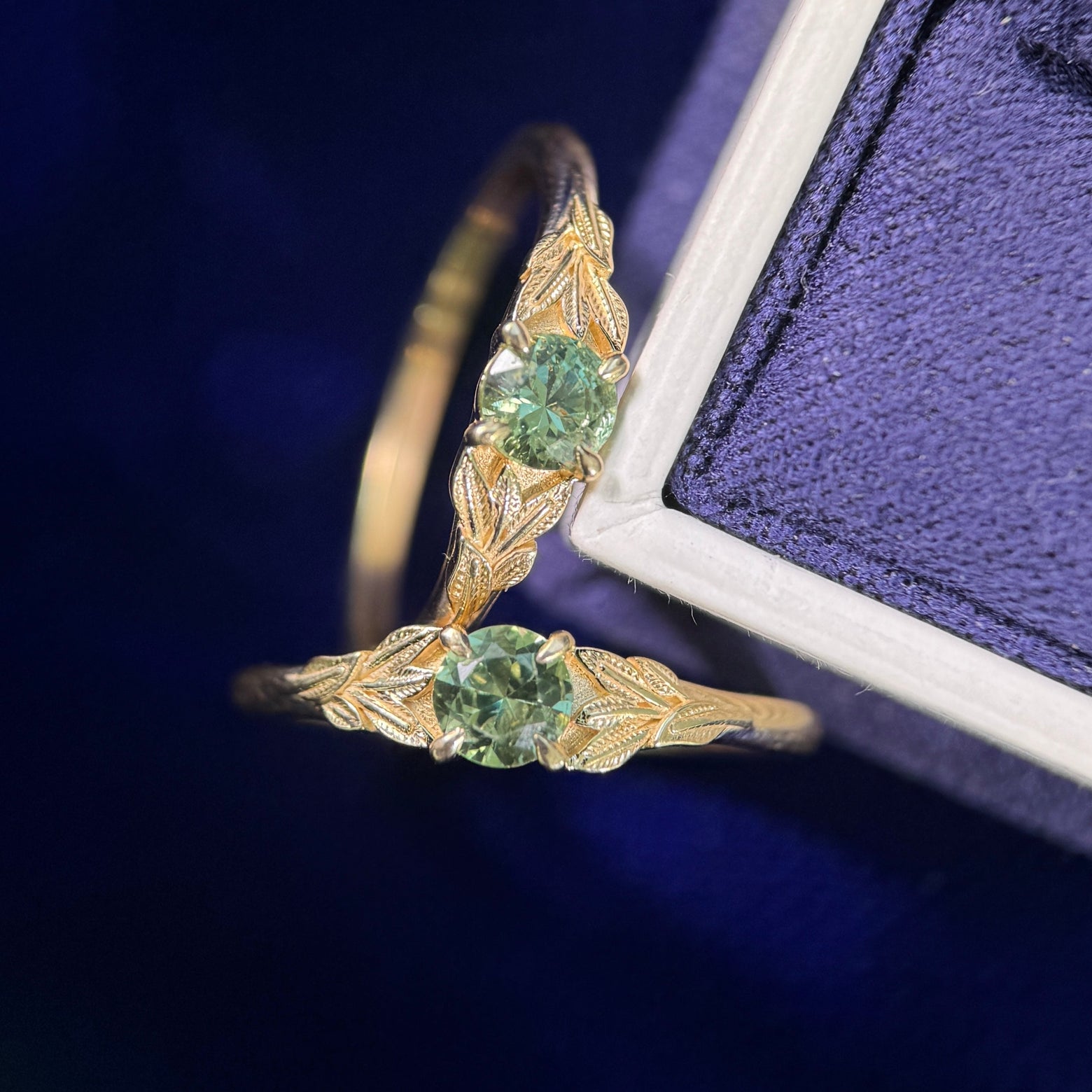 14k Yellow Gold Claw Prongs-set 5mm Green Sapphire Custom Leaves Ring, Size 7.5 and 8.5