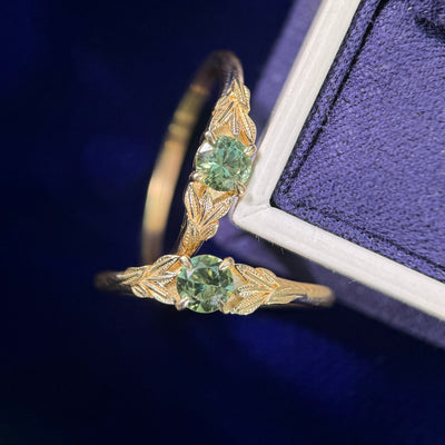 14k Yellow Gold Claw Prongs-set 5mm Green Sapphire Custom Leaves Ring, Size 7.5 and 8.5