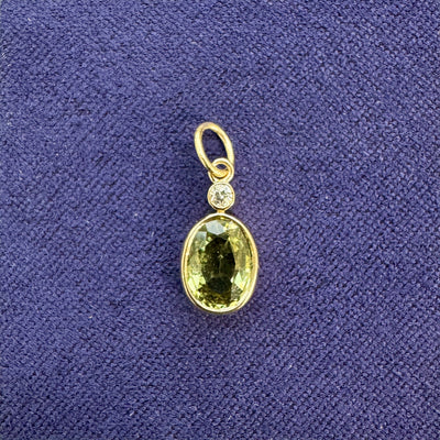 14k Yellow Gold and Bezel-set 1.11ct Green Sapphire with small Diamond on Dangling Bail Custom Pendant