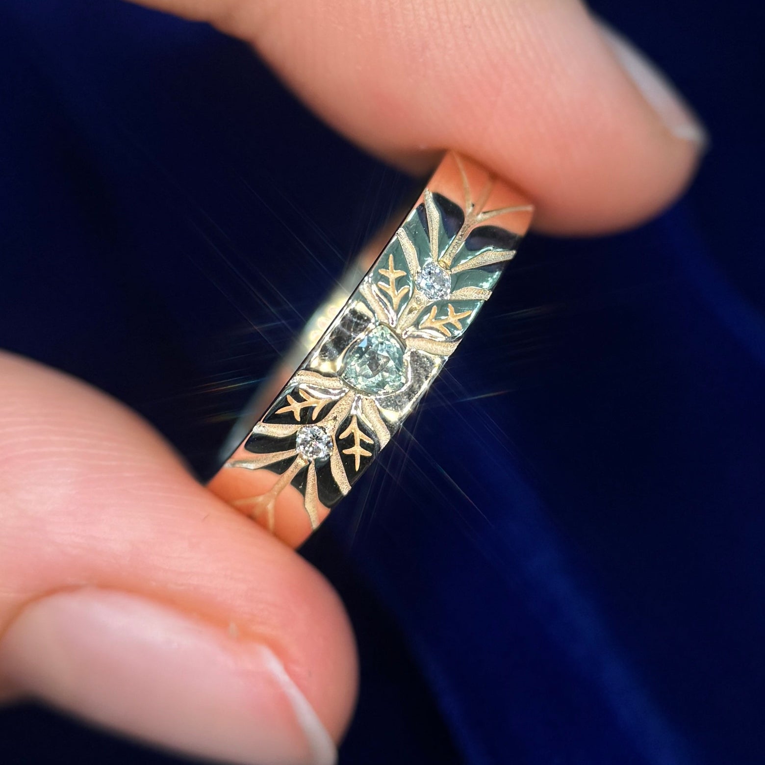 14k Yellow Gold Trillion-cut Green Sapphire & 2pc 1.5mm Salt and Pepper Round Diamonds on 5mm Engraved with Lines Industrial Band Custom Ring, size 7.25