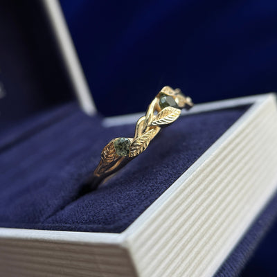 14k Yellow Gold 3pcs Green Sapphires on Leaves and Vines Comfort-fit Band Custom Ring, Size 10.25