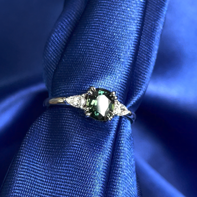 14k White Gold and 8 claw prongs Cushion Green Sapphire with Pear Diamonds Custom Ring
