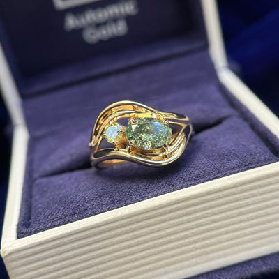 14k Yellow Gold and Oval 1.04ct Green Lab Diamond and Round Yellow Diamond Custom Ring, size 6